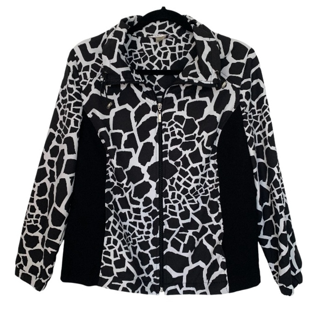 AlLLISON DALEY PETITE Women’s Front Zip Jacket Lightweight Blk/Wht. Giraffe 10P